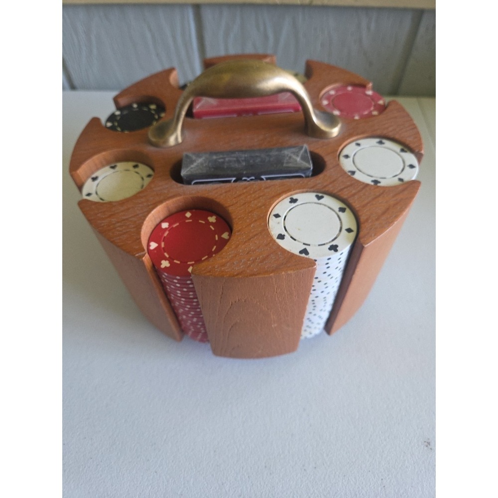 Mid Century Modern MCM Vintage Poker Chip Set Rotating Wooden Carousel Caddy